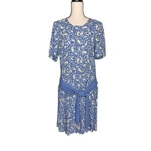 Vintage E.D. Michaels Dress Blue & White Paisley Dropped Waist Size MP 80’s/90’s